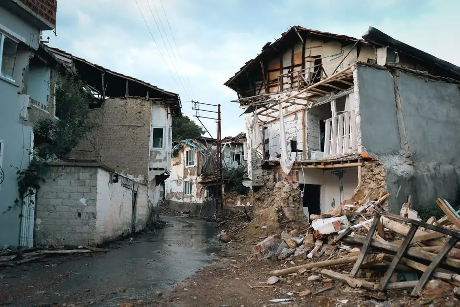 Destroyed buildings in an urban area after an earthquake.